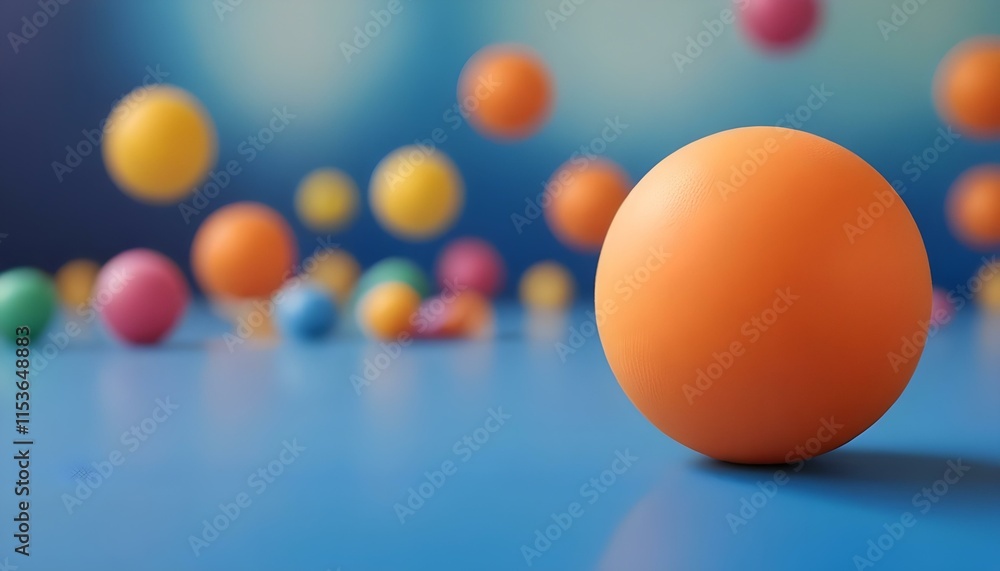 Naklejka premium An orange rubber ball on a blue surface with blurred colorful objects in the background
