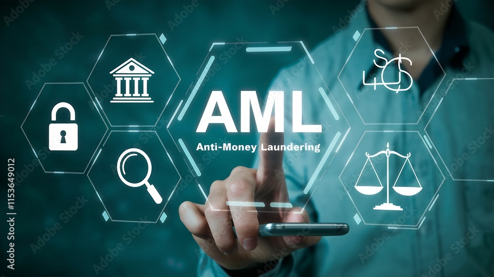 Fototapeta premium Businessman using laptop, AML anti-money laundering, financial bank concept, regulations compliance, virtual icon