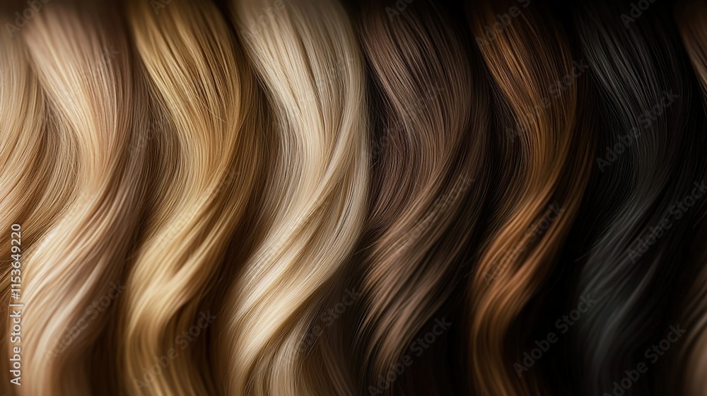 Generate an image of different hair colors, blonde and brown, in a row, close-up. Generate an image of different hair colors, blonde and brown, in a row, close-up.