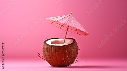 Wallpaper Mural Coconut with drinking straw and umbrella on pink background Torontodigital.ca