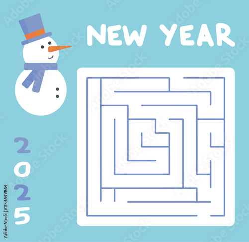 A children's logic game New Year's maze with a cute snowman. A winter-themed puzzle for kids. Vector illustration EPS10