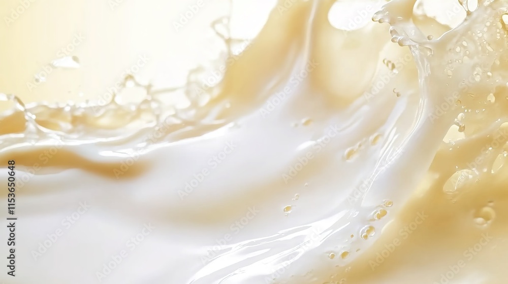 Close-up of white milk liquid flowing, background with a light beige color Close-up of white milk liquid flowing, background with a light beige color
