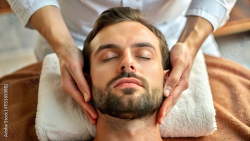 Massagista profissional masculino oferecendo massagem profunda na cabeça ao cliente em ambiente de spa