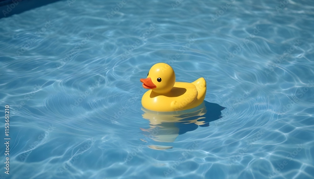 A yellow rubber duck floating in a blue swimming pool with rippling water A yellow rubber duck floating in a blue swimming pool with rippling water