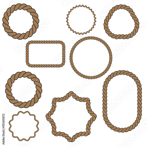 Set of different shape rope frame brush, border graphic, ornament, loop, strong, round, curve, textile, ornate vector