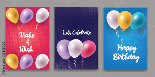 Happy birthday poster set Birthday greeting text with balloons vector illustration design background