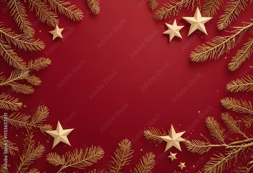 A red background with golden stars or pine branches scattered around the edges A red background with golden stars or pine branches scattered around the edges