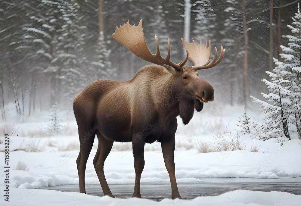 A large brown moose with large antlers standing in a snowy environment A large brown moose with large antlers standing in a snowy environment