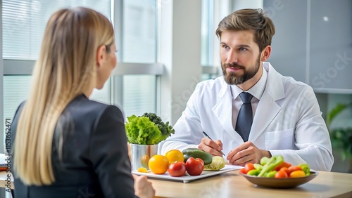 Nutricionista masculino aconselhando um cliente sobre hábitos alimentares saudáveis ​​em um ambiente de consulta moderno.