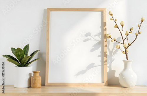 Stylish composition of natural elements and a blank frame with copy space suitable for contemporary home photography. Selective focus