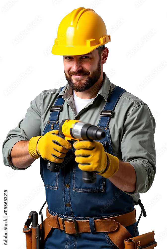 Construction Worker Wearing Safety Helmet Holding Drill on Transparent Background Construction Worker Wearing Safety Helmet Holding Drill on Transparent Background