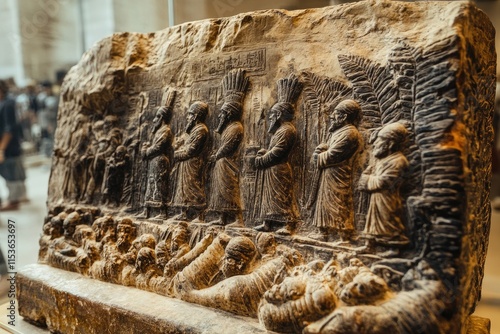 Ancient assyrian stone relief depicting dignitaries and captives in procession photo