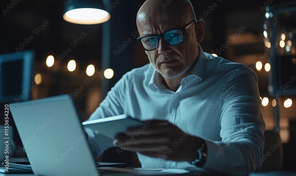A focused man examines a smartphone while working late at a laptop.