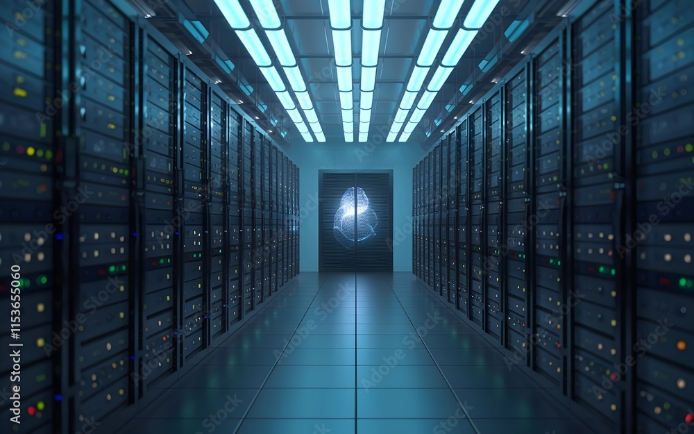 Data server racks hub room with big data computer center Blue interior for hosting storage hardware Data server racks hub room with big data computer center Blue interior for hosting storage hardware