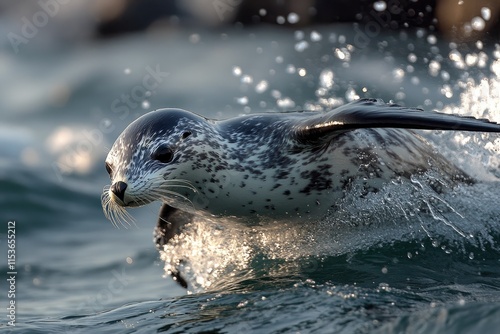 Harbor seal pup surfing a wave in the ocean photo