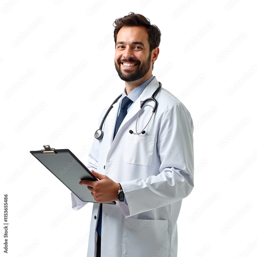 Smiling Doctor in White Coat Holding Clipboard on Transparent Background Smiling Doctor in White Coat Holding Clipboard on Transparent Background