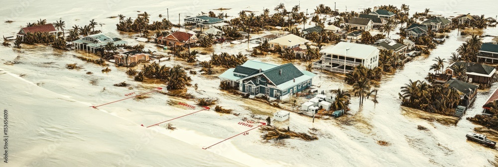 Obraz premium Aerial view of a flooded residential area with submerged homes and vegetation.