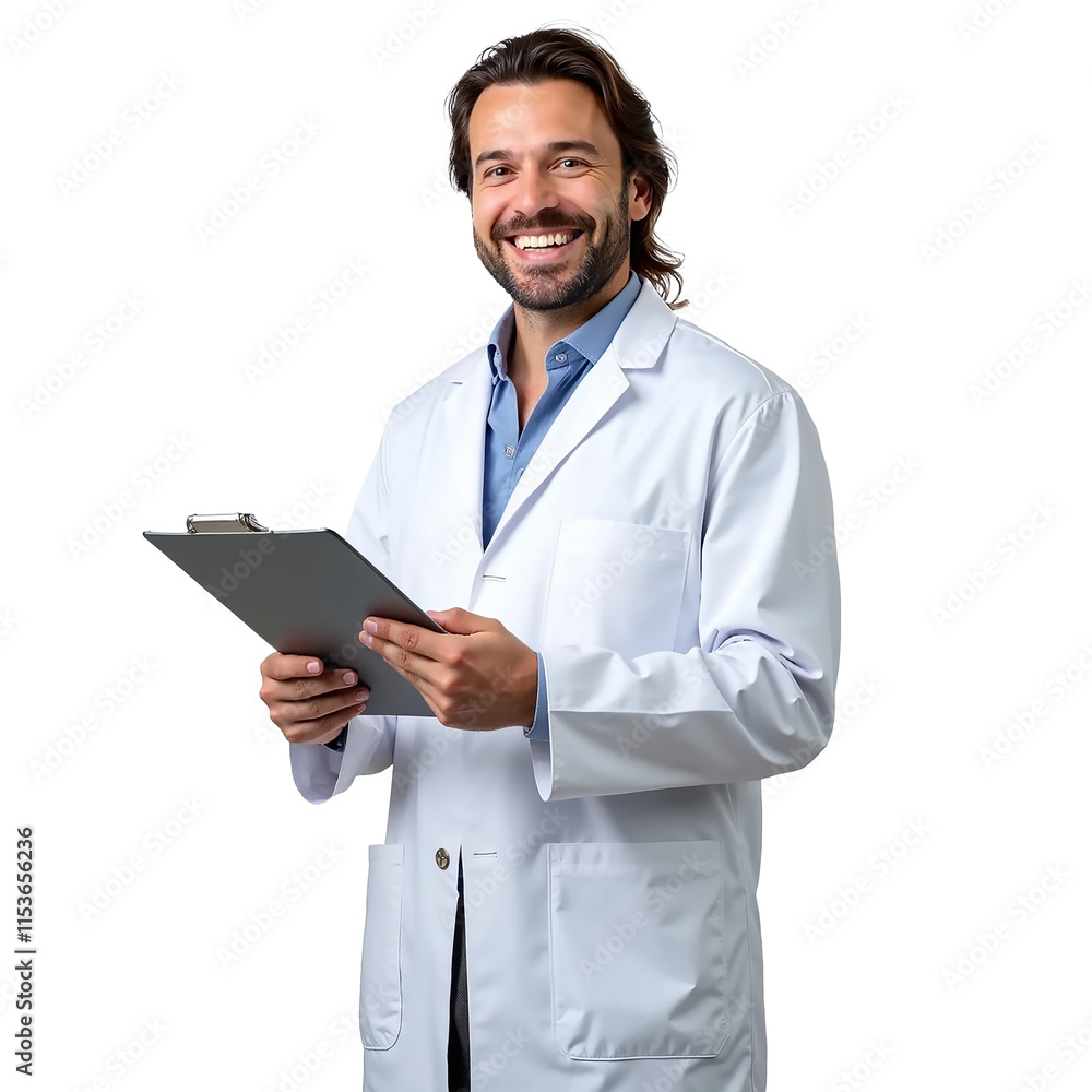 Smiling Doctor in White Coat Holding Clipboard on Transparent Background Smiling Doctor in White Coat Holding Clipboard on Transparent Background
