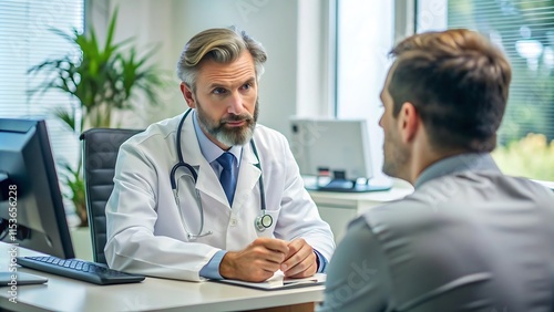 Urologista masculino consultando paciente em consultório médico moderno. Médico profissional explicando as opções de tratamento durante a consulta clínica