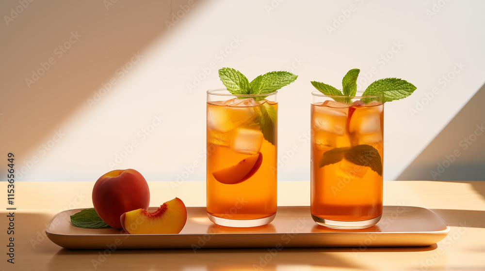 Fototapeta premium Refreshing Peach Iced drink with Basil Garnish in a Sunlit Minimalist Setting
