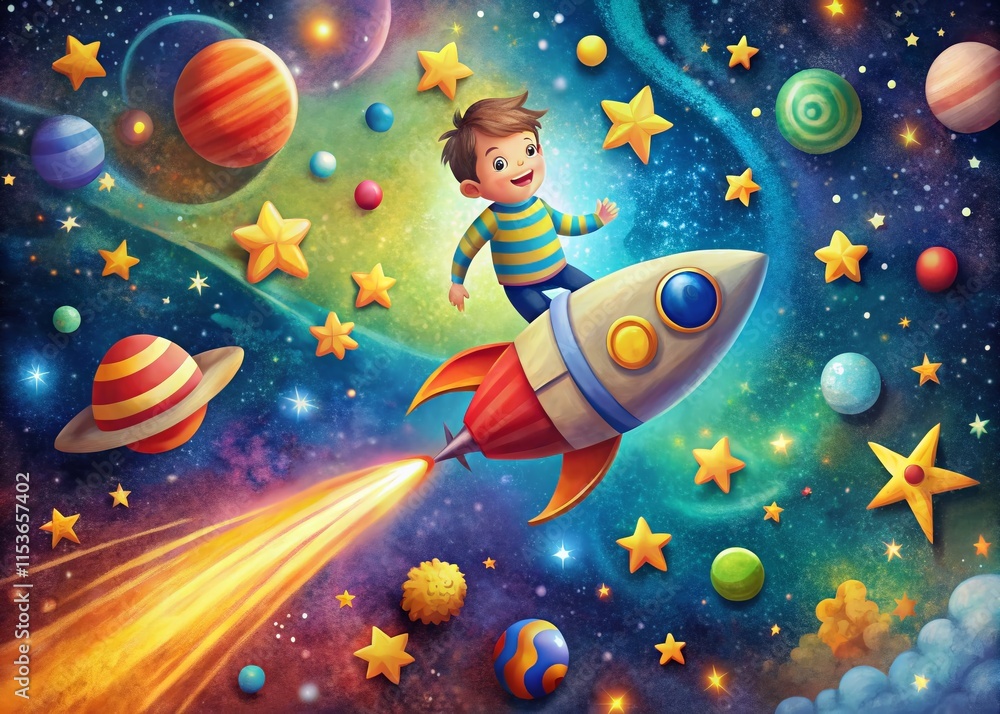 Whimsical Child Astronaut Explores Starry Universe Rocket Ship Adventure Whimsical Child Astronaut Explores Starry Universe Rocket Ship Adventure