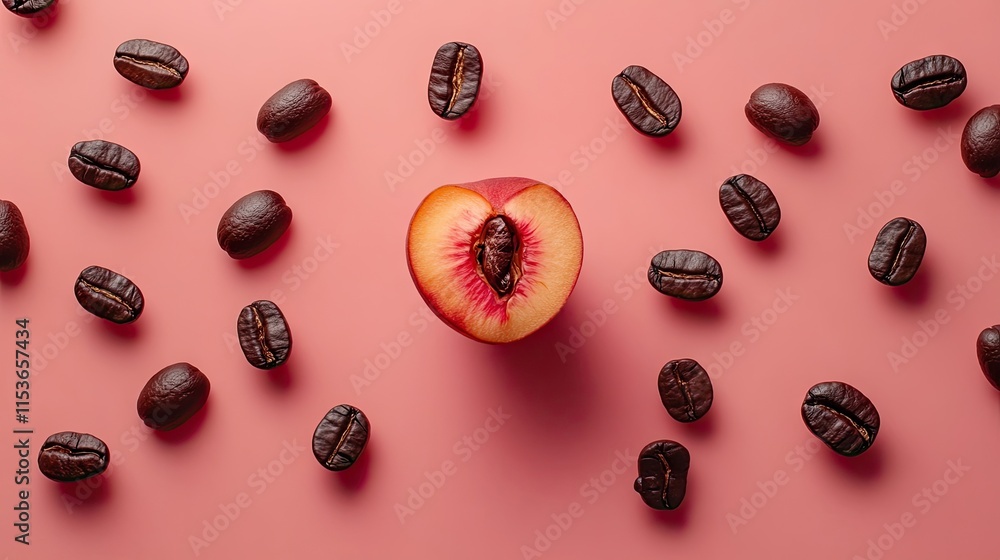Aromatic roasted coffee beans create a vibrant contrast against a natural peach background. Enjoy the dark brown, delicious arabica robusta coffee in this flat lay with ample copy space. Aromatic roasted coffee beans create a vibrant contrast against a natural peach background. Enjoy the dark brown, delicious arabica robusta coffee in this flat lay with ample copy space.