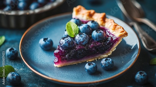 Delicious slice of blueberry pie on a plate, perfect for dessert lovers. This blueberry pie slice is a delightful treat, ideal for any sweet occasion, with ample copy space. photo