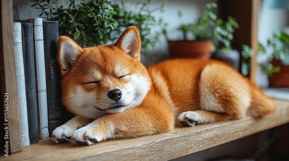 Shiba Inu sleeping peacefully on a wooden shelf Shiba Inu sleeping peacefully on a wooden shelf