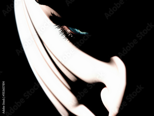 Shadowed Gaze: A dramatic close-up portrait of a woman's face, partially obscured by shadow, revealing only one eye, creating a mysterious and alluring image.   photo