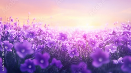 Purple violets bloom beautifully in a vibrant field, creating a stunning display of nature. The scene of purple violets offers ample copy space to enhance the visual appeal. photo