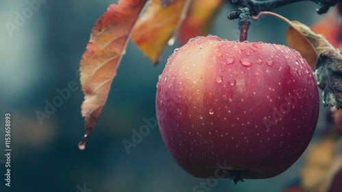 Close-up view of a fresh apple on a tree during autumn, capturing the vibrant colors and textures of the apple, with ample copy space for added creativity. photo