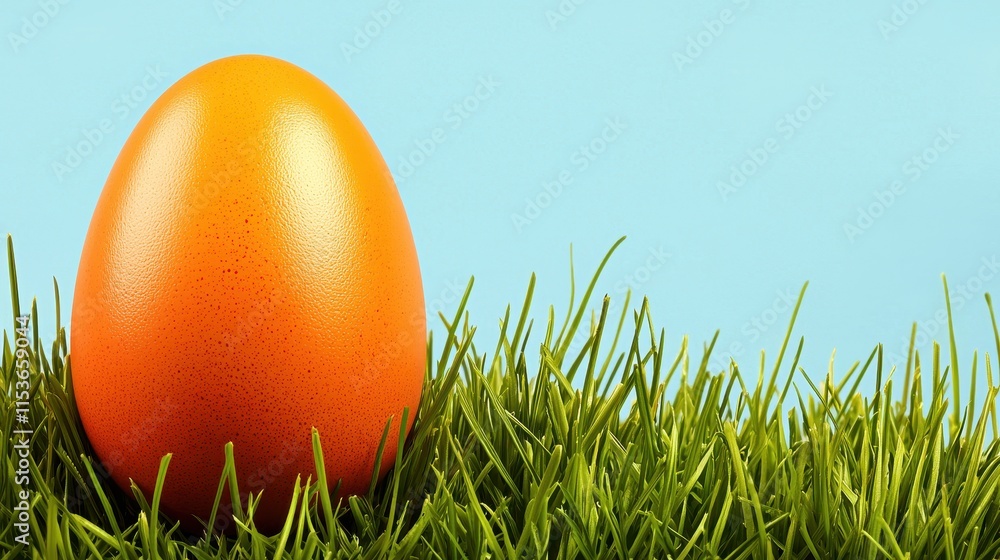 Fototapeta premium Bright Orange Egg on Lush Green Grass Against Blue Background