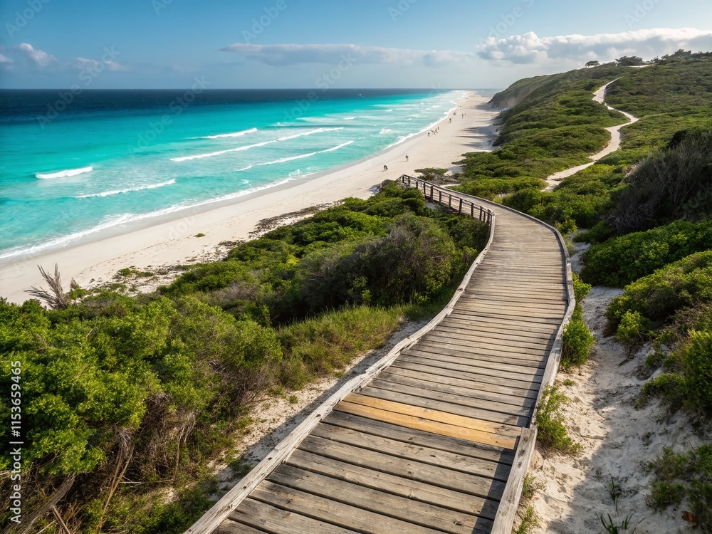 Wooden Path to Beach, Ocean Surf, Sunny Day - Coastal Walkway Stock Photo Wooden Path to Beach, Ocean Surf, Sunny Day - Coastal Walkway Stock Photo
