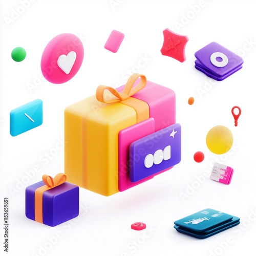 Colorful 3D Gift Box with Social Media Icons and Travel Elements. 3D icon on white background