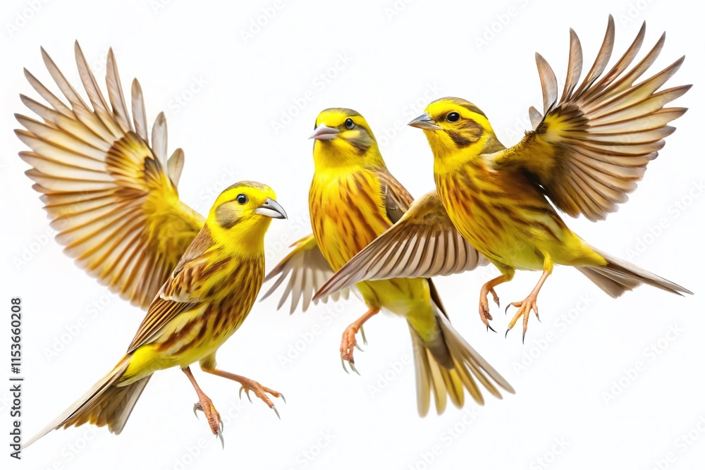 Obraz premium Yellowhammer Birds in Flight, Isolated on White Background - High-Resolution Stock Photo