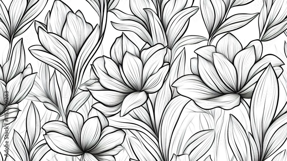 Elegant floral line pattern, seamless hand-drawn botanical ornament. Elegant floral line pattern, seamless hand-drawn botanical ornament.