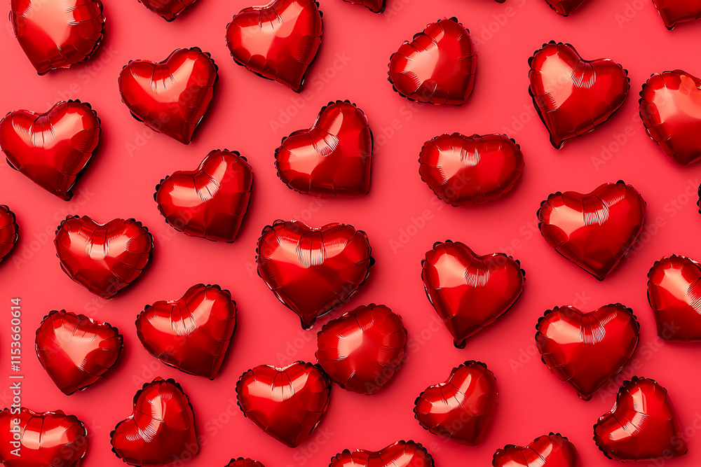 A modern minimalist room filled with heart-shaped red foil balloons, creating a romantic and festive atmosphere A modern minimalist room filled with heart-shaped red foil balloons, creating a romantic and festive atmosphere
