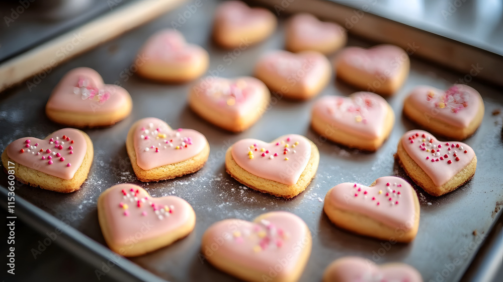 Valentine's Day Heart-Shaped Cookies on Baking Sheet Valentine's Day Heart-Shaped Cookies on Baking Sheet