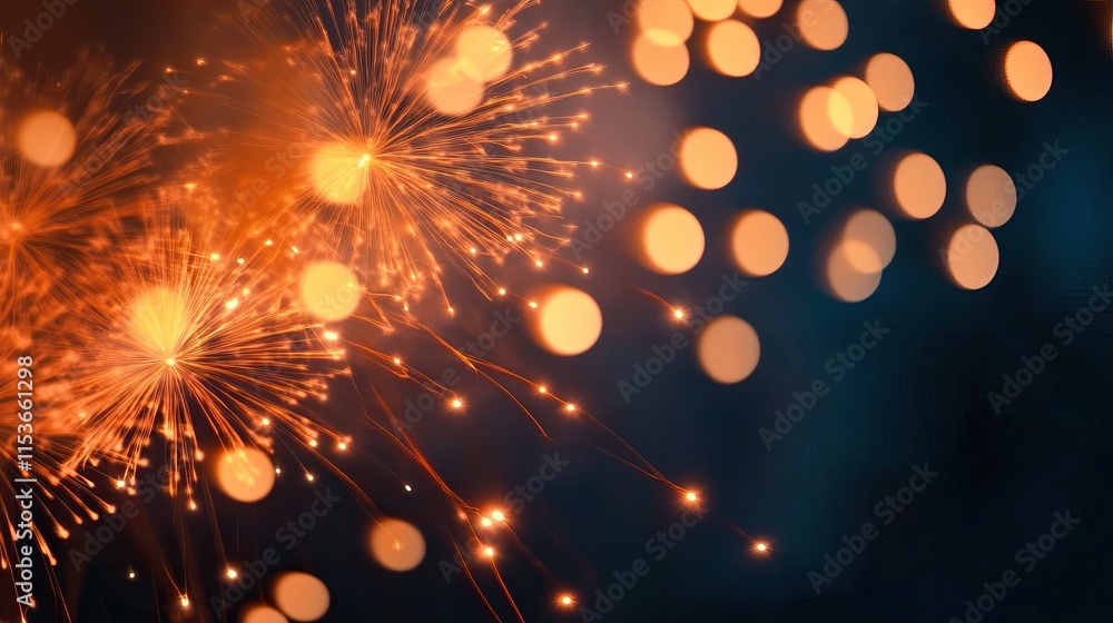 Obraz premium Fireworks show in the night sky, light orange and dark red tones, blurred background and foreground, explosion effect, bokeh lights, HD ultra-detailed realism, warm colors to celebrate the atmosphere