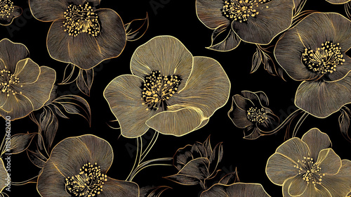 Gold color seamless floral pattern, hand-drawn botanical ornament illustration.  