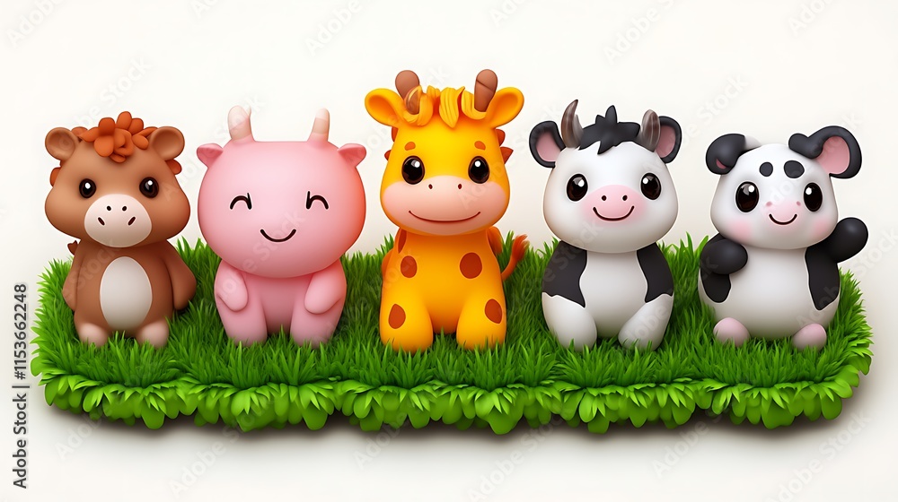 Naklejka premium Five adorable cartoon farm animals on grass.