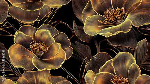 Gold color seamless floral pattern, hand-drawn botanical ornament illustration.  