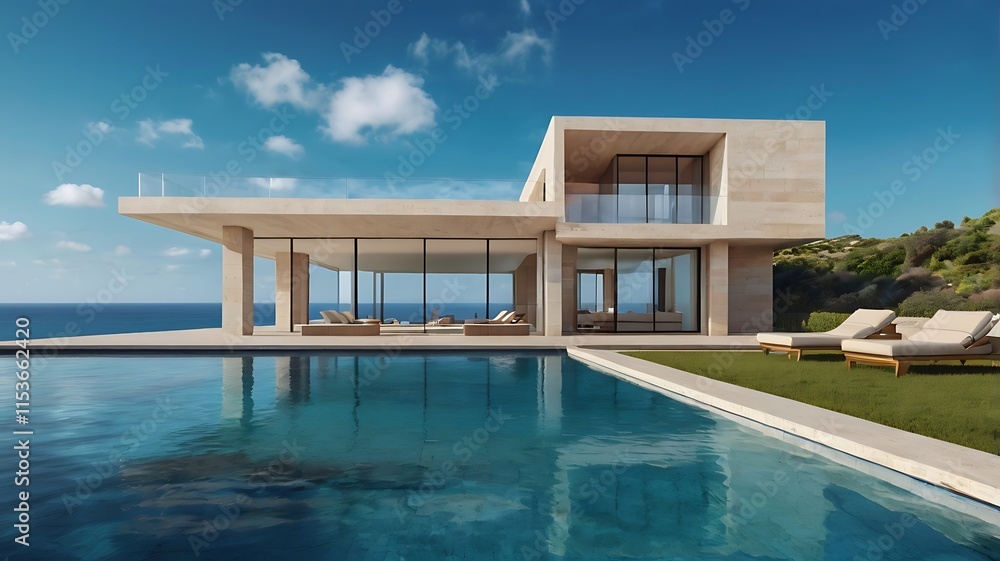 Fototapeta premium Serene Coastal Luxury: Modern Villa with Infinity Pool