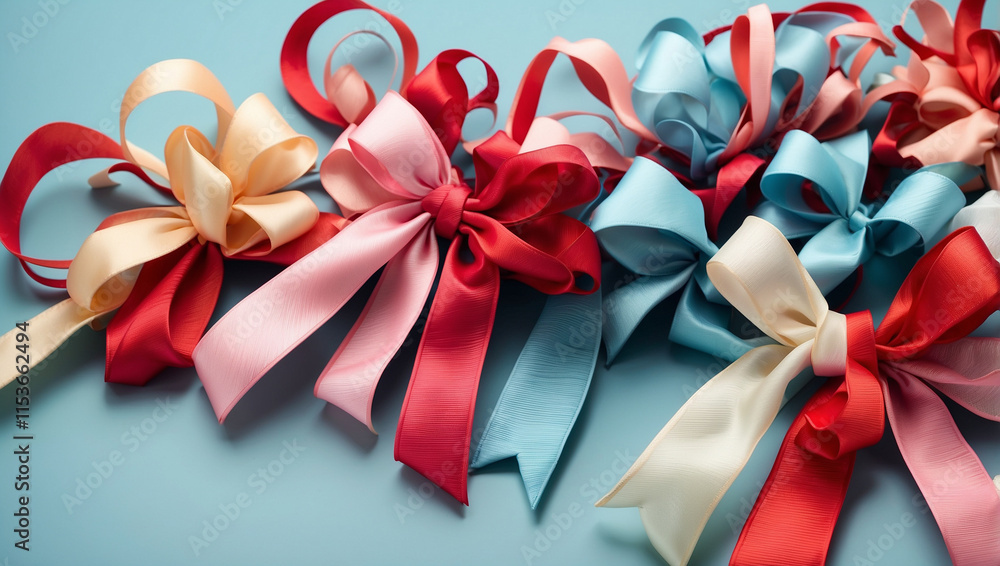 An Elegant Arrangement of Ribbon Bows on a Background Ideal for Festive Occasions and Gifts An Elegant Arrangement of Ribbon Bows on a Background Ideal for Festive Occasions and Gifts