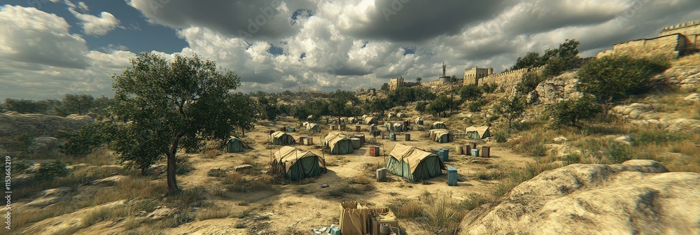A panoramic view of a campsite with tents amidst a natural landscape and cloudy sky. A panoramic view of a campsite with tents amidst a natural landscape and cloudy sky.