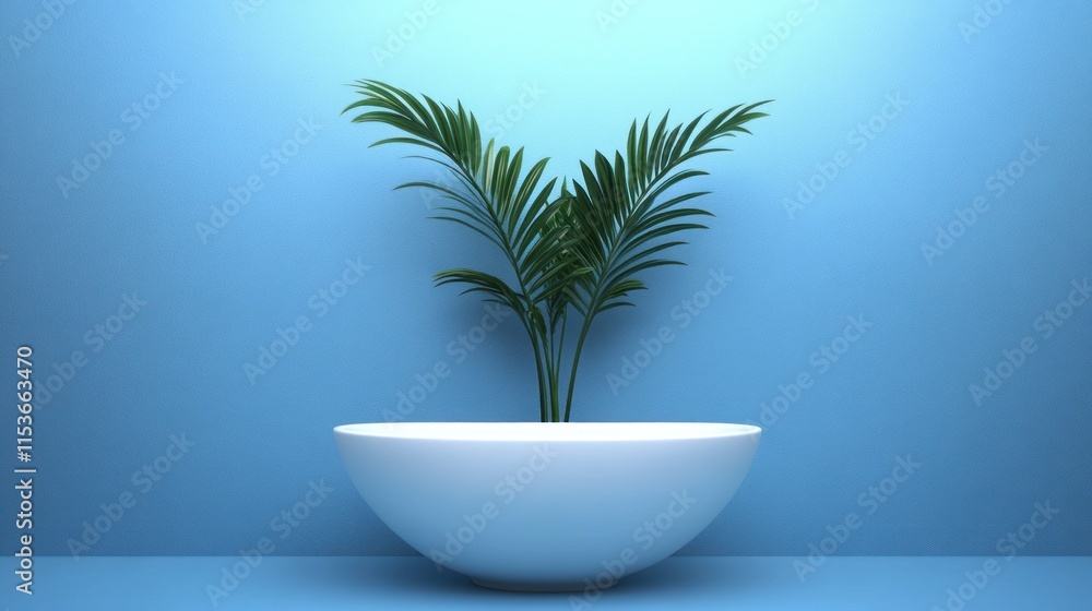 Minimalist palm plant in white bowl on blue background. Minimalist palm plant in white bowl on blue background.