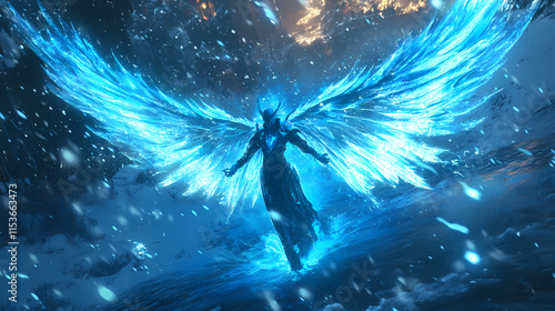 Frostfire seraph surrounded by glowing blue and white flames on a winter battlefield. Frostfire. Illustration photo