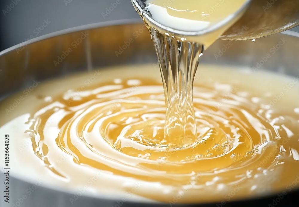 Close-up of pouring clear yellow oil from a metal conical shape into a large white bowl filled with melted butter Close-up of pouring clear yellow oil from a metal conical shape into a large white bowl filled with melted butter