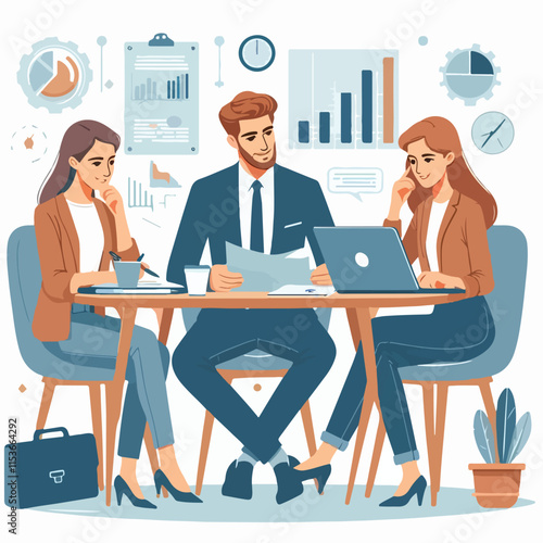 partners meeting for business discussion with documents and laptop on desk.couple at round table ,speaking ,discussing work,partnership.flat vector illustration isolated on a white background