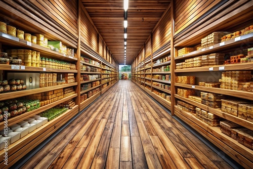 A long, empty wooden corridor in a Marks & Spencer food store, showcasing deep focus.